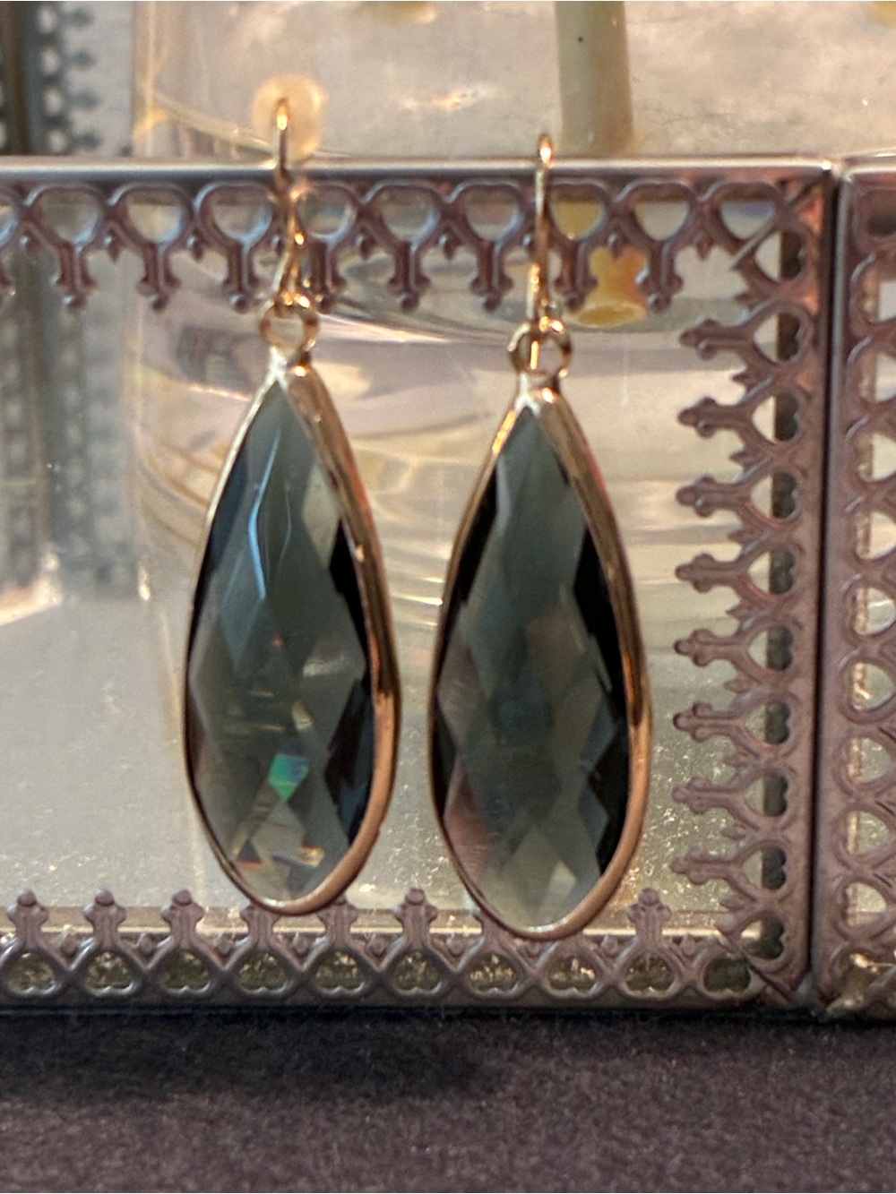Faceted Teardrop Earrings in Smoky Grey with Gold Trim